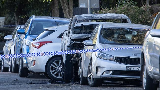 The scene of a burned out car at Hercules Lane, Dulwich Hill. Picture: Justin Lloyd