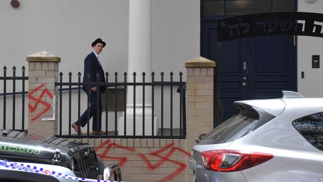 An anti-Semitic attack on a synagogue in Newtown, Sydney in January. Picture: NewsWire / Simon Bullard.