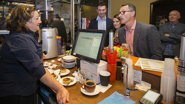 Greens leader Richard Di Natale speaks Italian at a cafe in Adelaide yesterday.