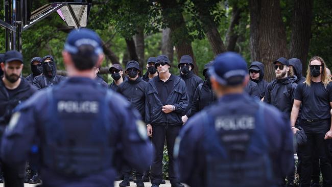 Riot Squad police were at the ready during the neo-Nazi white power rally. Picture: Sam Ruttyn