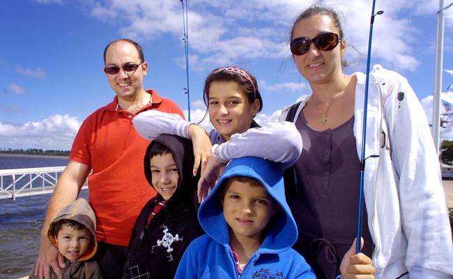 Brisbane residents from left John-Paul, Jonathon and Gabriel Iommarini with Stella, Loukas and Anna Karanasios in Ballina over the long Easter weekend. Picture: Jay Cronan