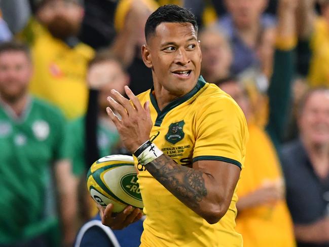 Israel Folau of the Wallabies in action during the First Test between Australia and Ireland at Suncorp Stadium in Brisbane, Saturday, June 9, 2018. (AAP Image/Darren England) NO ARCHIVING, EDITORIAL USE ONLY