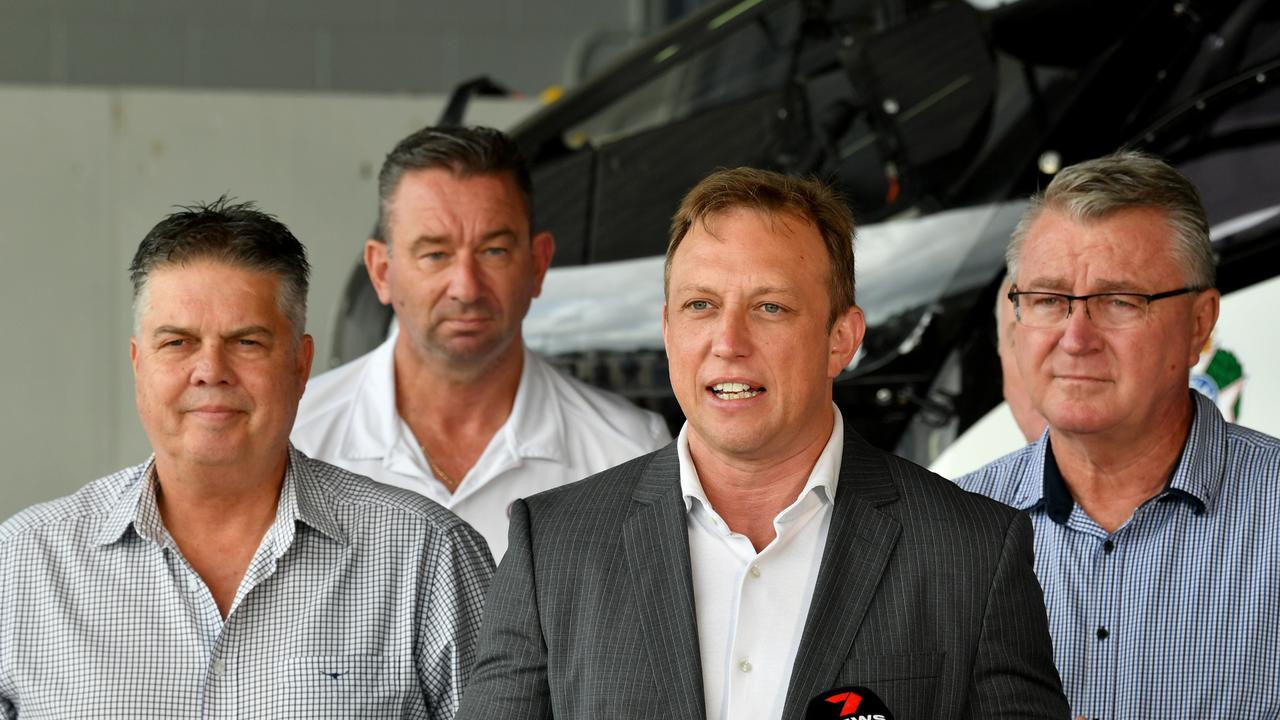 Premier Steven Miles, with Member for Thuringowa, Aaron Harper, Member for Barron River, Craig Crawford and Member for Mundigburra Les Walker inspecting the Townsville Police helicopter in April. Picture: Evan Morgan