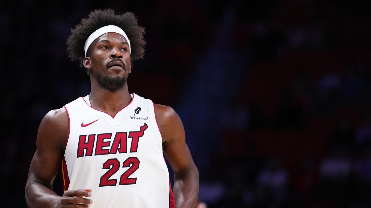 MIAMI, FLORIDA - OCTOBER 13: Jimmy Butler #22 of the Miami Heat looks on against the New Orleans Pelicans during a pre-season game at Kaseya Center on October 13, 2024 in Miami, Florida. NOTE TO USER: User expressly acknowledges and agrees that, by downloading and or using this photograph, User is consenting to the terms and conditions of the Getty Images License Agreement. (Photo by Rich Storry/Getty Images)