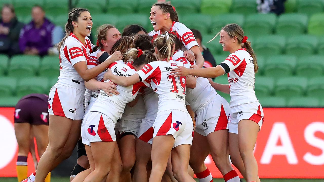 The Dragons celebrate their golden-point win. Picture: Kelly Defina/Getty Images