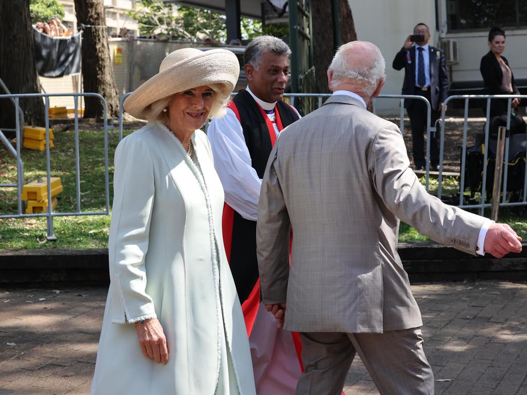 Queen Camilla is all smiles as she arrives at church. Picture: Rohan Kelly