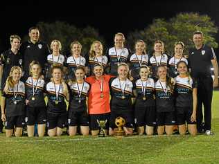 TOP SHOTS: The winning United Park Eagles team - Josh Adcock - assistant coach (top left), Jake Davis - manager, Zali Haster, Rachael Bartley, Lilliarna Smith, Taryn Gollshewsky, Nikita Markey, Phebe Anderson, Meg Mason, Paul Ash - coach, Meg Freeman (bottom left), Lili Haster, Megan Cranston, Brooke Harrington, Sharon Anderson, Sarah Bretag, Emily Ryan, Sophie Zipf, Madison Masterman-Smith after winning the Bundaberg Ladies Cup. Picture: Shane Jones