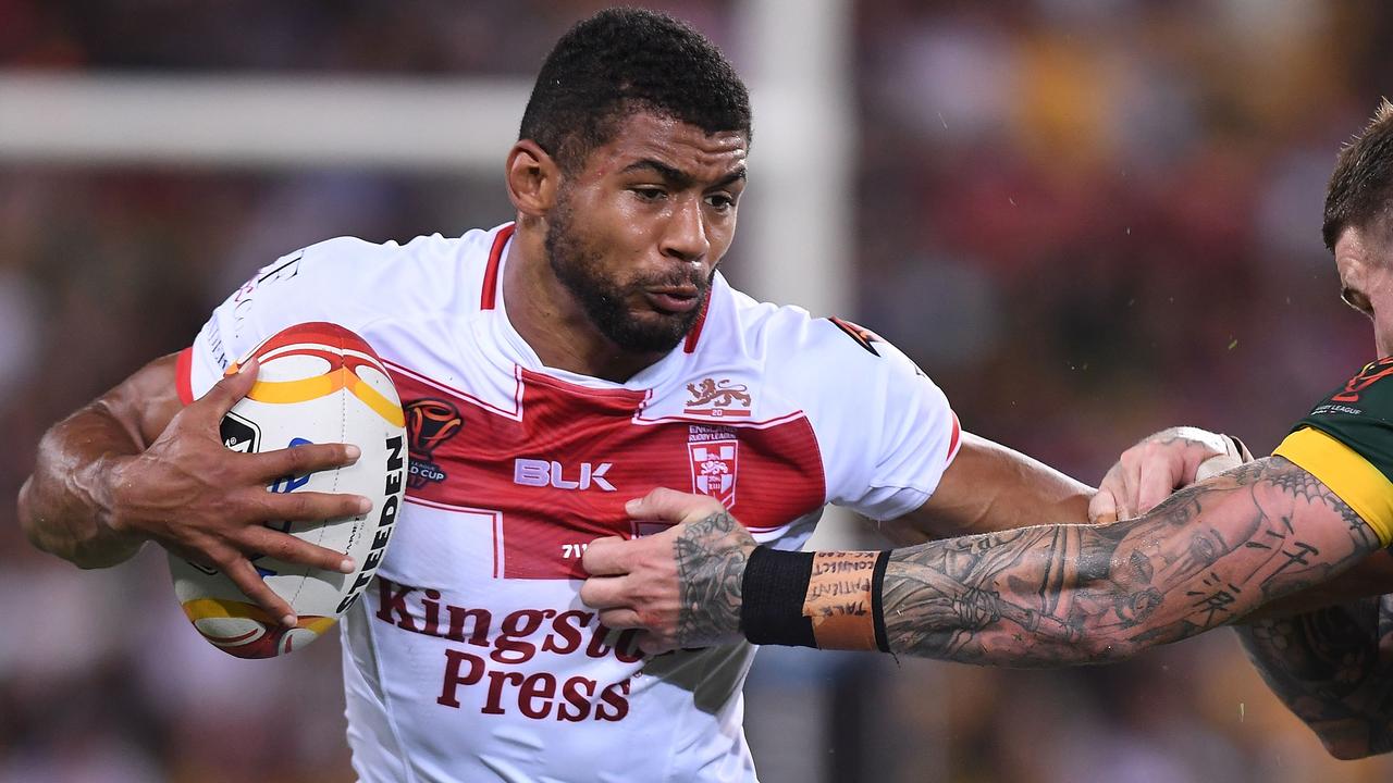 Kallum Watkins is tackled during the 2017 Rugby League World Cup Final