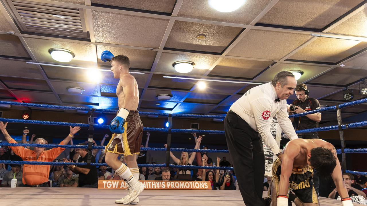 Pittsworth's Jackon 'Stoneleigh' Griffiths celebrates his WBC World Youth Welterweight victory at Rumours International, Toowoomba in March. Picture: Darren Burns