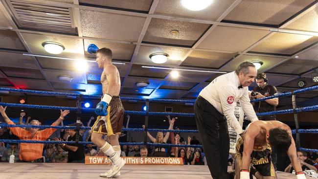 Pittsworth's Jackon 'Stoneleigh' Griffiths celebrates his WBC World Youth Welterweight victory at Rumours International, Toowoomba in March. Picture: Darren Burns