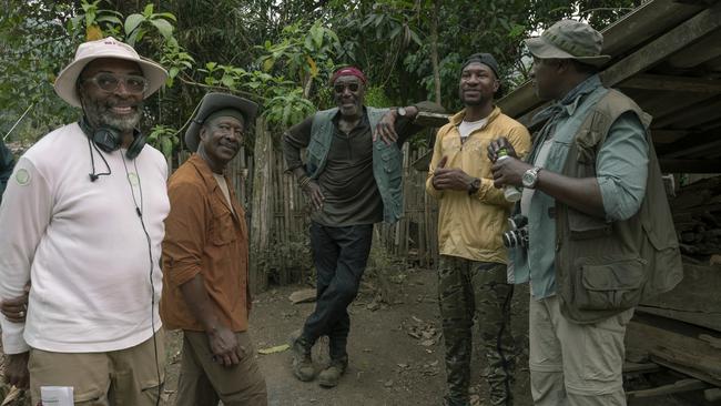 From left: director Spike Lee on the set of Da 5 Bloods with actors Clarke Peters, Delroy Lindo, Jonathan Majors, Norm Lewis. Picture: David Lee/Netflix