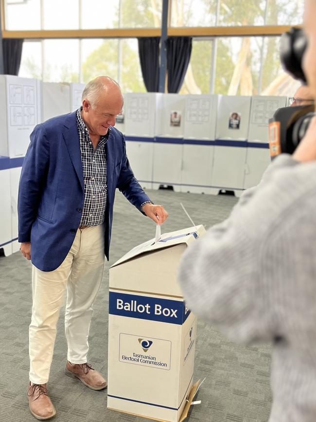 Former Senator and Liberal candidate for Franklin Eric Abetz casts his vote at Blackmans Bay Primary School in the 2024 Tasmania state election. Picture: Supplied.