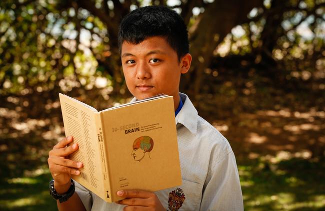 Peter Susanto, 12, came first in the 2019 Australian Brain Bee Challenge regional finals in Queensland. Picture: GLENN CAMPBELL