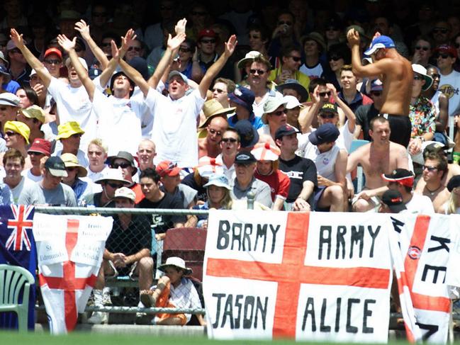 England’s Barmy Army will be in full voice during the Ashes as they were at the Gabba in 2002. Picture: Anthony Weate