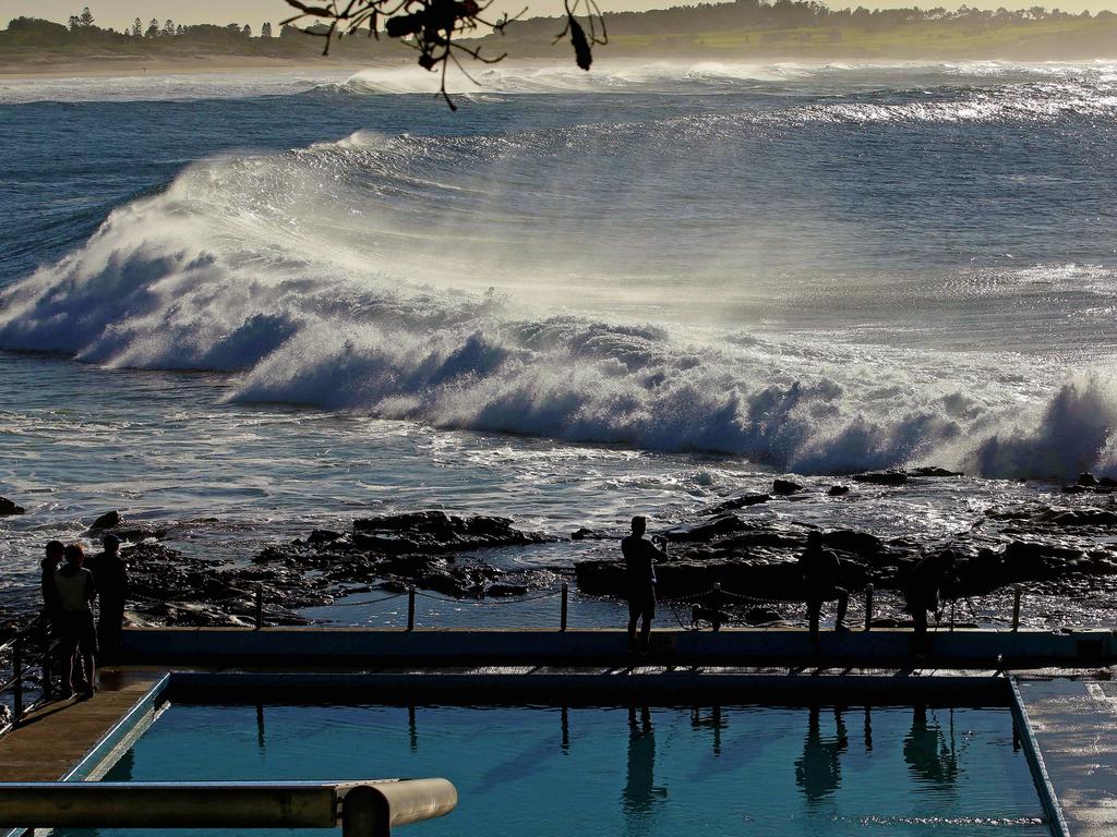 Huge surf is seen rolling across Dee Why beach on Sydney’s Northern Beaches. Picture: Annika Enderborg