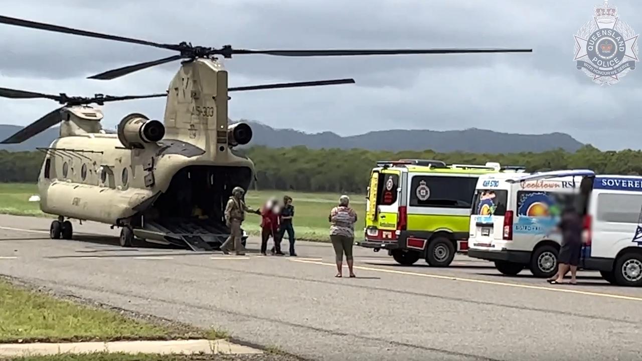 People from Wujal Wujal were evacuated by Chinook helicopters on Tuesday afternoon. Picture: QPS