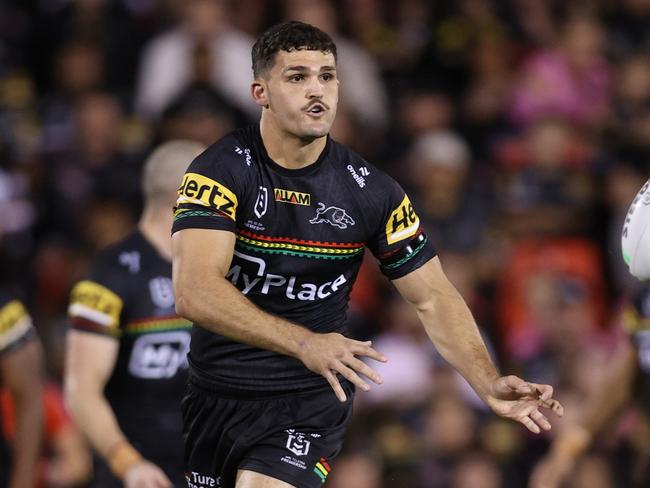 PENRITH, AUSTRALIA - MARCH 21: Nathan Cleary of the Panthers passes the ball during the round three NRL match between Penrith Panthers and Brisbane Broncos at BlueBet Stadium on March 21, 2024 in Penrith, Australia. (Photo by Jason McCawley/Getty Images)