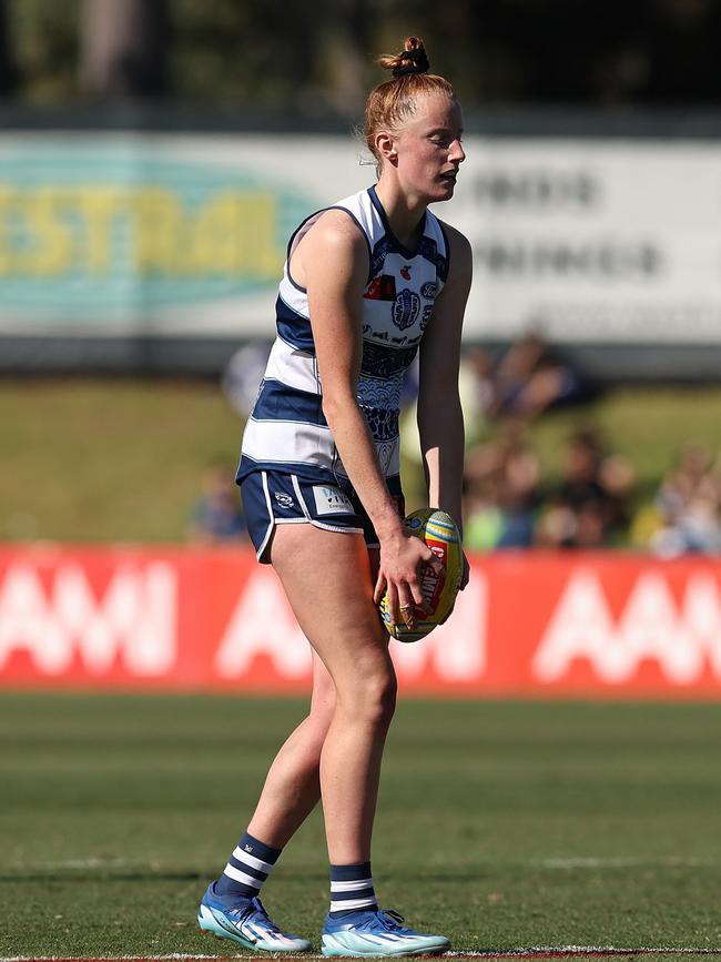 Geelong forward Aishling Moloney lines up a kick on goal in round 9. Picture: Will Russell/AFL Photos via Getty Images