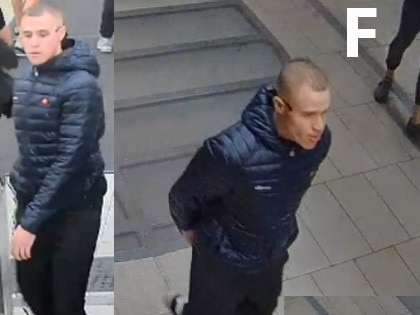 Person F, is described as being of caucasian appearance, of average height and medium build. He is depicted wearing a navy blue puffer jacket, black pants, sunglasses on the back of his head and black Nike-brand shoes with white soles and shoe laces.