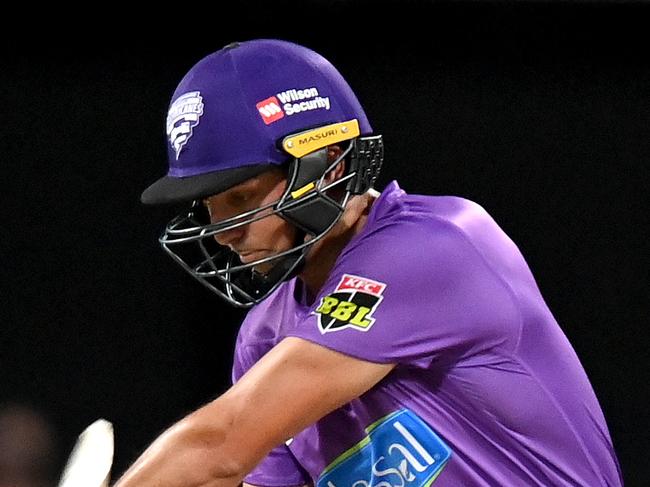 BRISBANE, AUSTRALIA - DECEMBER 27: Tim David of the Hurricanes plays a shot during the Big Bash League match between the Brisbane Heat and the Hobart Hurricanes at The Gabba, on December 27, 2020, in Brisbane, Australia. (Photo by Bradley Kanaris/Getty Images)