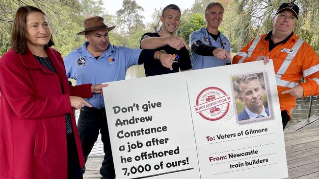 Gilmore MP Fiona Phillips with Australian Manufacturing Workers’ Union members Shaun Goss, Cory Wright (secretary), Brett Huybers and David Norris in Nowra. Picture: Dylan Arvela