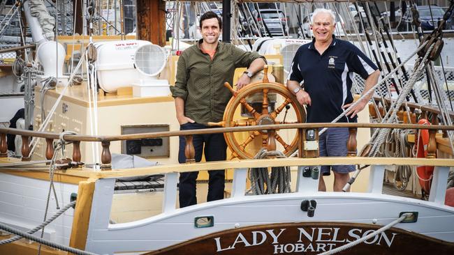 Australian Wooden Boat Festival General Manager Paul Stephanus and Lady Nelson Captain Mal Riley prepare for the parade of sail in Hobart in 2021. Picture: Chris Kidd