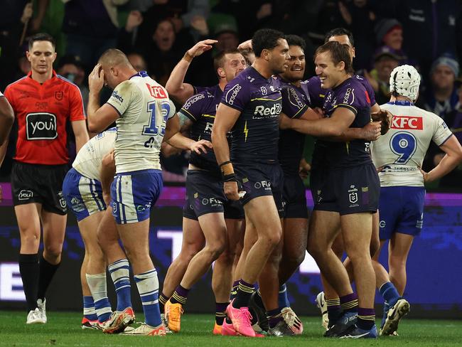 MELBOURNE, AUSTRALIA - APRIL 12: Shawn Blore of the Storm celebrates after scoring a try during the round six NRL match between Melbourne Storm and Canterbury Bulldogs at AAMI Park, on April 12, 2024, in Melbourne, Australia. (Photo by Robert Cianflone/Getty Images)