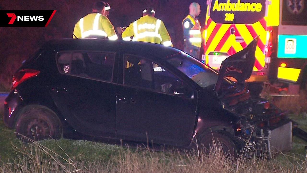 A 33-year-old woman from Salisbury North was rushed to hospital after her hatchback collided with a road train on the Port Wakefield Highway at Waterloo Corner. Picture: 7NEWS