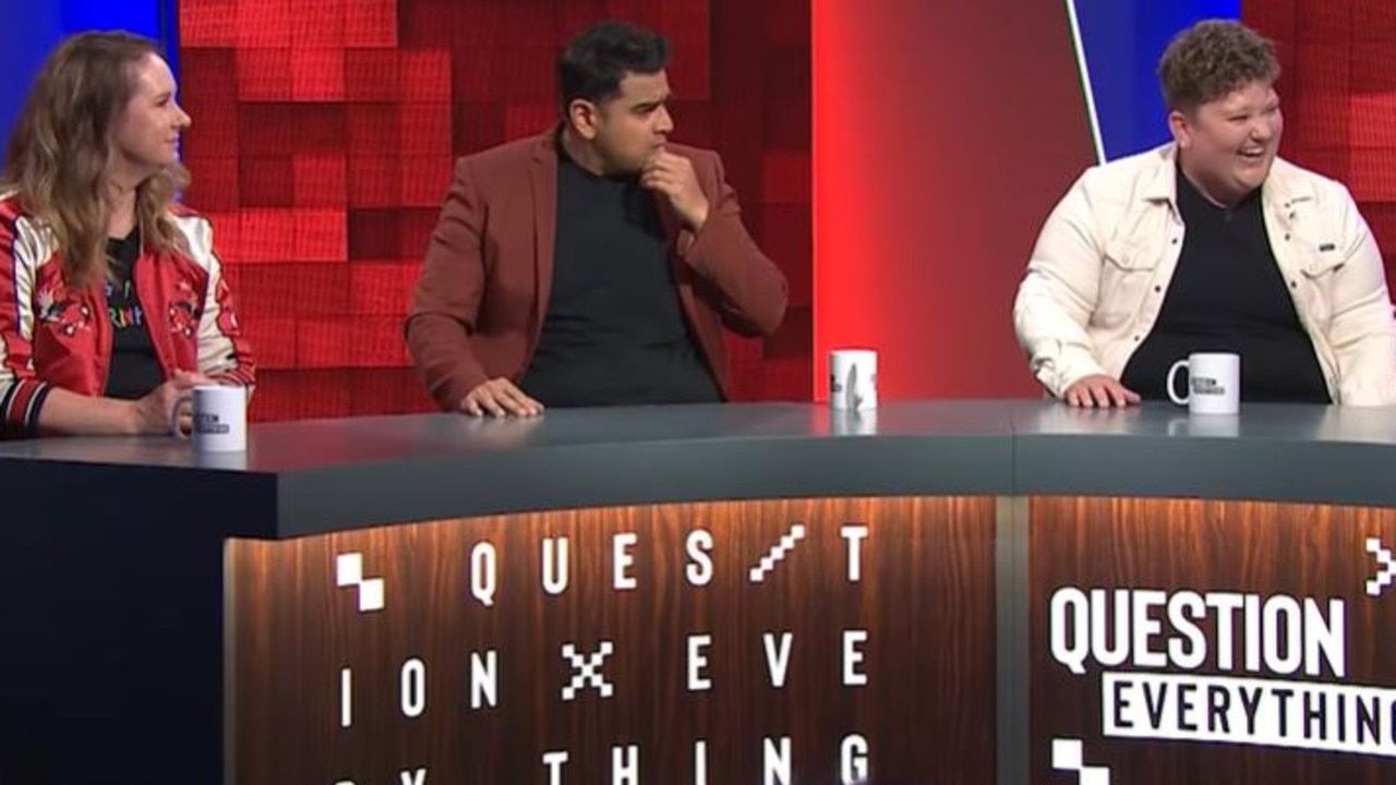 Hosts and fellow panellists Mel Buttle and Dilruk Jayasinha were left speechless. Picture: ABC/Question Everything