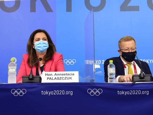 Queensland Premier Annastacia Palaszczuk with John Coates speak at a press conference at the MPC at the Tokyo 2020 Olympics after she succesfully bid to hold the 2032 Olympics in Brisbane. Pics Adam Head