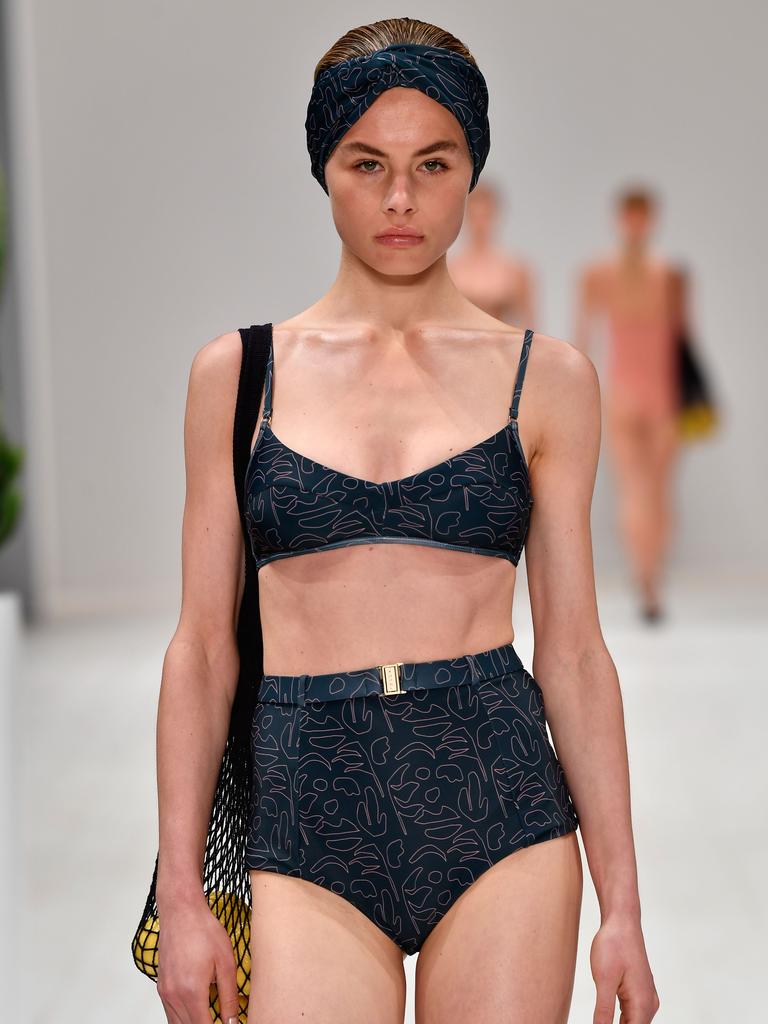 A model walks the runway in a design by Fella during the Swim show at Mercedes-Benz Fashion Week Resort 19 Collections at Carriageworks on May 14, 2018 in Sydney, Australia. (Photo by Stefan Gosatti/Getty Images)