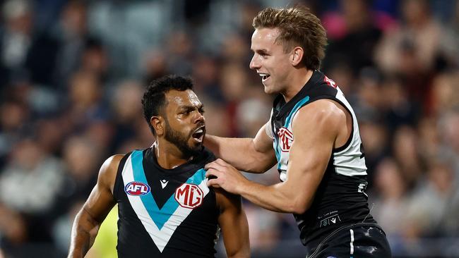 Willie Rioli (left) has two early goals. (Photo by Michael Willson/AFL Photos via Getty Images)