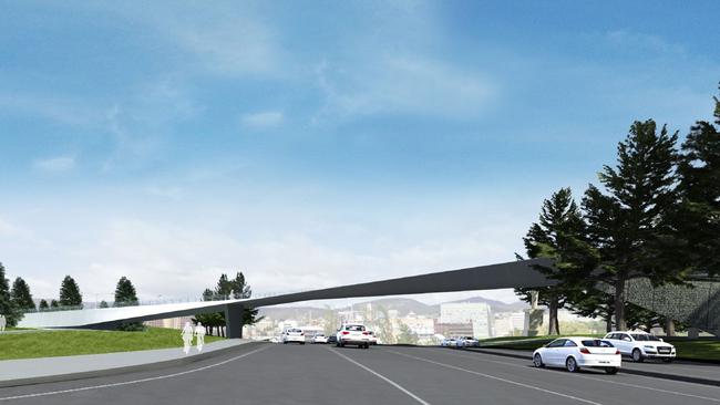 An artist’s impression of the new bridge spanning the Tasman Highway at the entrance to Hobart. Supplied by the Hobart City Council