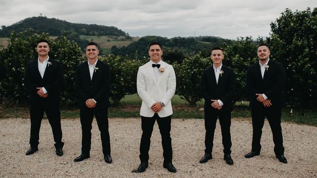 Nikorima with groomsmen, Jayden Nikorima, Harlim Nikorima, Isaiah Nikorima, Chris Frost. Photo: Courtney, Black Palm Collective