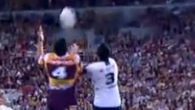 Broncos centre Jordan Kahu flies high for the ball after a short dropout.