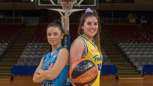 Sturt’s Kayla Mathews and Forestville’s ahead of the women’s Premier League basketball grand final. The Sabres and Eagles will battle it out in the title decider this Saturday. Picture: Alex Aleshin