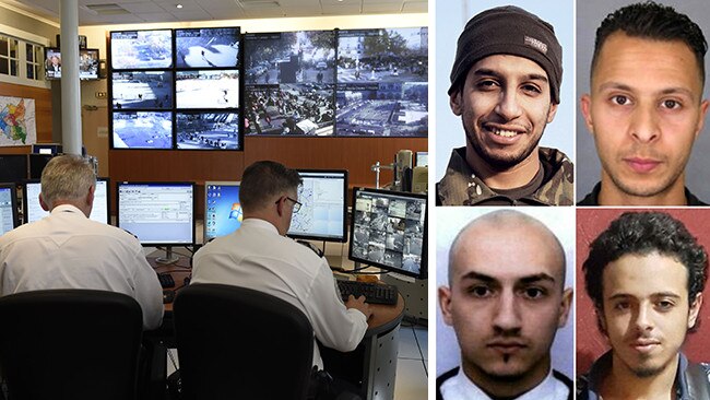 The Paris Polcie command centre, left, and clockwise from left to right, the attack’s suspected mastermind at large, Abdelhamid Abaaoud, suspect at large French national Salah Abdeslam, 26, French national Bilal Hadfi, 20, one of the suicide bombers who blew himself outside the Stade de France stadium and Samy Amimour, 28, one of the suicide bombers who attacked a Paris concert hall.