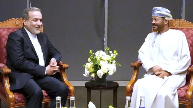 Iranian Foreign Minister Abbas Araghchi, left, meets his Omani counterpart Sayyid Badr Albusaidi prior to negotiations with Steve Witkoff in Muscat, Oman. Picture: Iranian Foreign Ministry via AP.