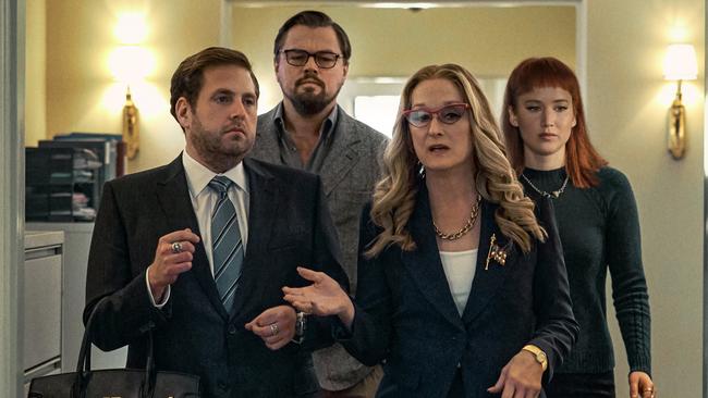 Jonah Hill, Leonardo DiCaprio, Meryl Streep and Jennifer Lawrence in Don’t Look Up. Picture: Netflix