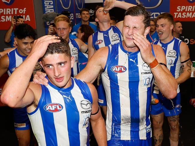 Charlie Comben and Harry Sheezel after their first win as Roos. Picture: Michael Willson/AFL Photos via Getty Images