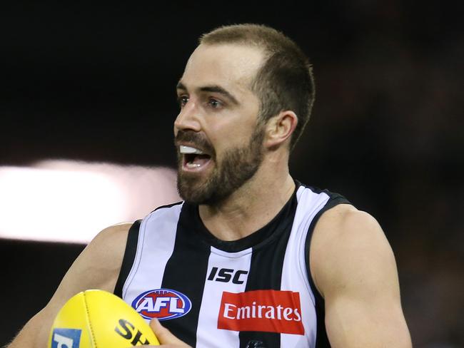 AFL Round 21. 11/08/2018.  Collingwood v Brisbane Lions at Etihad Stadium.  Collingwood's Steele Sidebottom   .Pic: Michael Klein