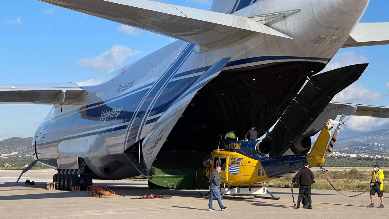 A helicopter being loaded for travel via air to Greece. Picture: Contributed