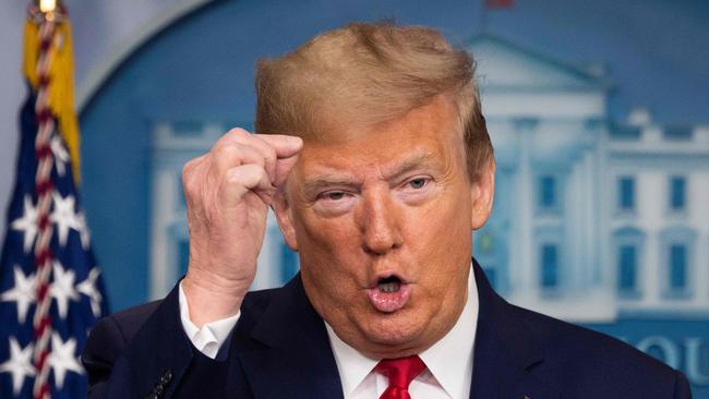 Donald Trump conducts a Coronavirus Task Force press briefing at the White House in Washington at the weekend. Picture: AFP