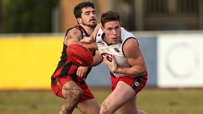 Plympton captain Brodie McLeod (left) saw his club move top of division four in round 12. Picture: James Elsby