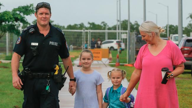 Josh and Robyn Orr with their daughters Stella and Ivy on Ivy’s first day of school at Zuccoli Primary. Picture: GLENN CAMPBELL