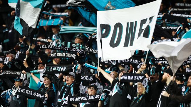 Port Adelaide fans will converge on Adelaide Oval for the last time this season tonight – the preliminary final is a sellout. Picture: Daniel Kalisz/Getty Images