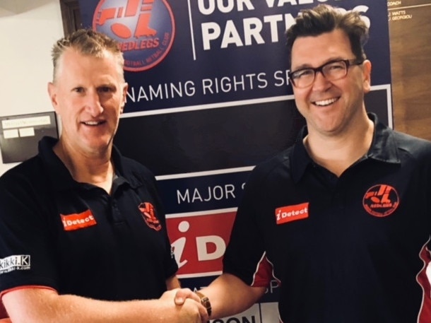 Mt Eliza president Mick Dunne (left) welcomes new coach Nick Claringbold.