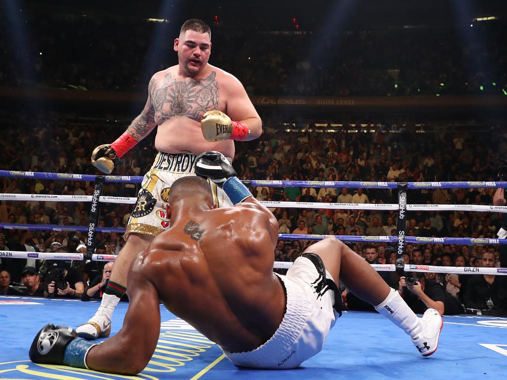 Andy Ruiz Jr knocks down Anthony Joshua at Madison Square Garden. Picture: Getty