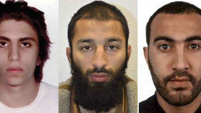 This release from police in London shows the attackers, Youssef Zaghba, Khuram Shazad Butt and Rachid Redouane. All three were shot dead by police. Picture: AFP