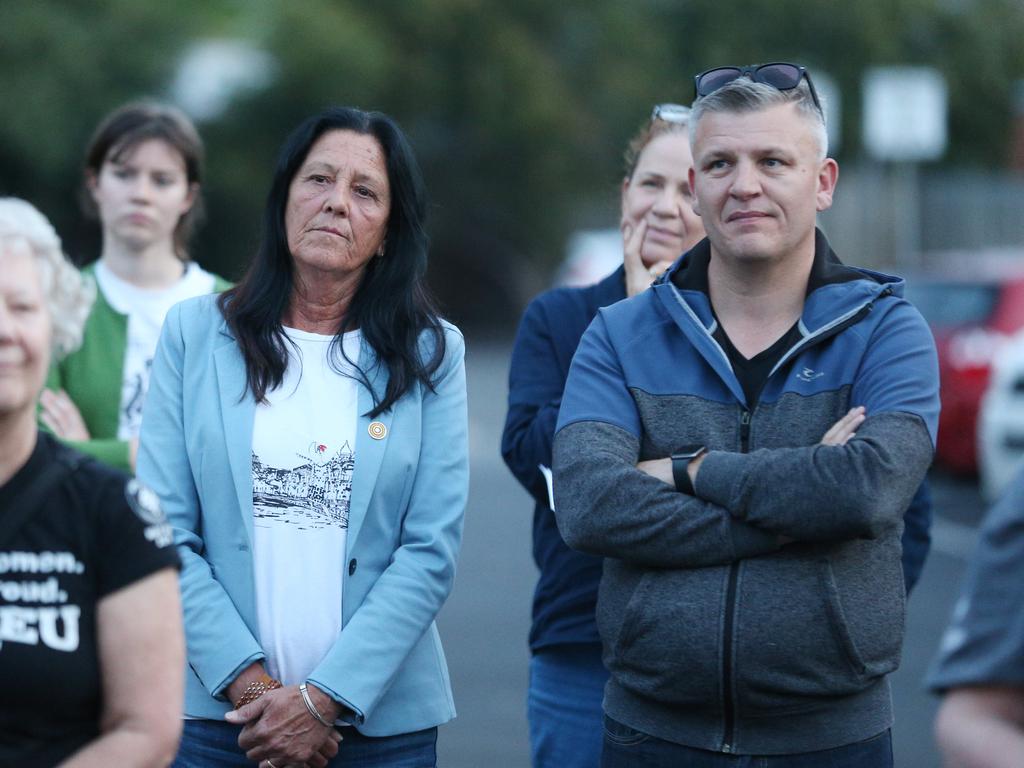 Geelong region state MPs Christine Couzens, left, and Darren Cheeseman, right, attend a union protest outside the Geelong West town hall after council flagged cutting 19 jobs. Picture: Mark Wilson